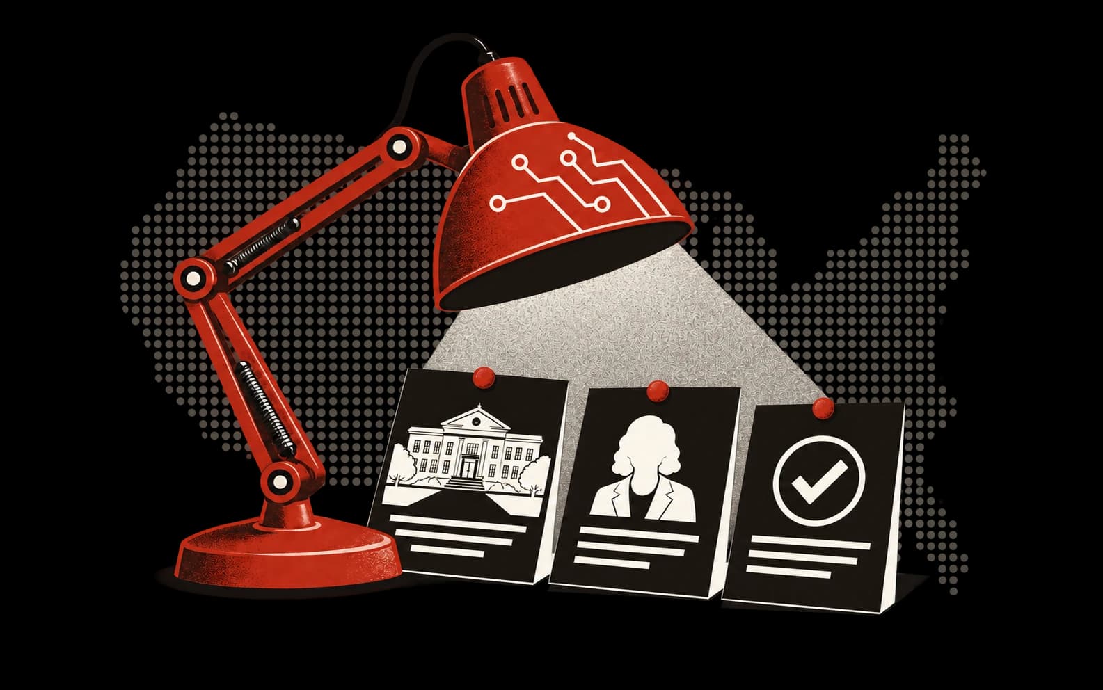 A red research lamp illuminating school, contact, and evidence cards.