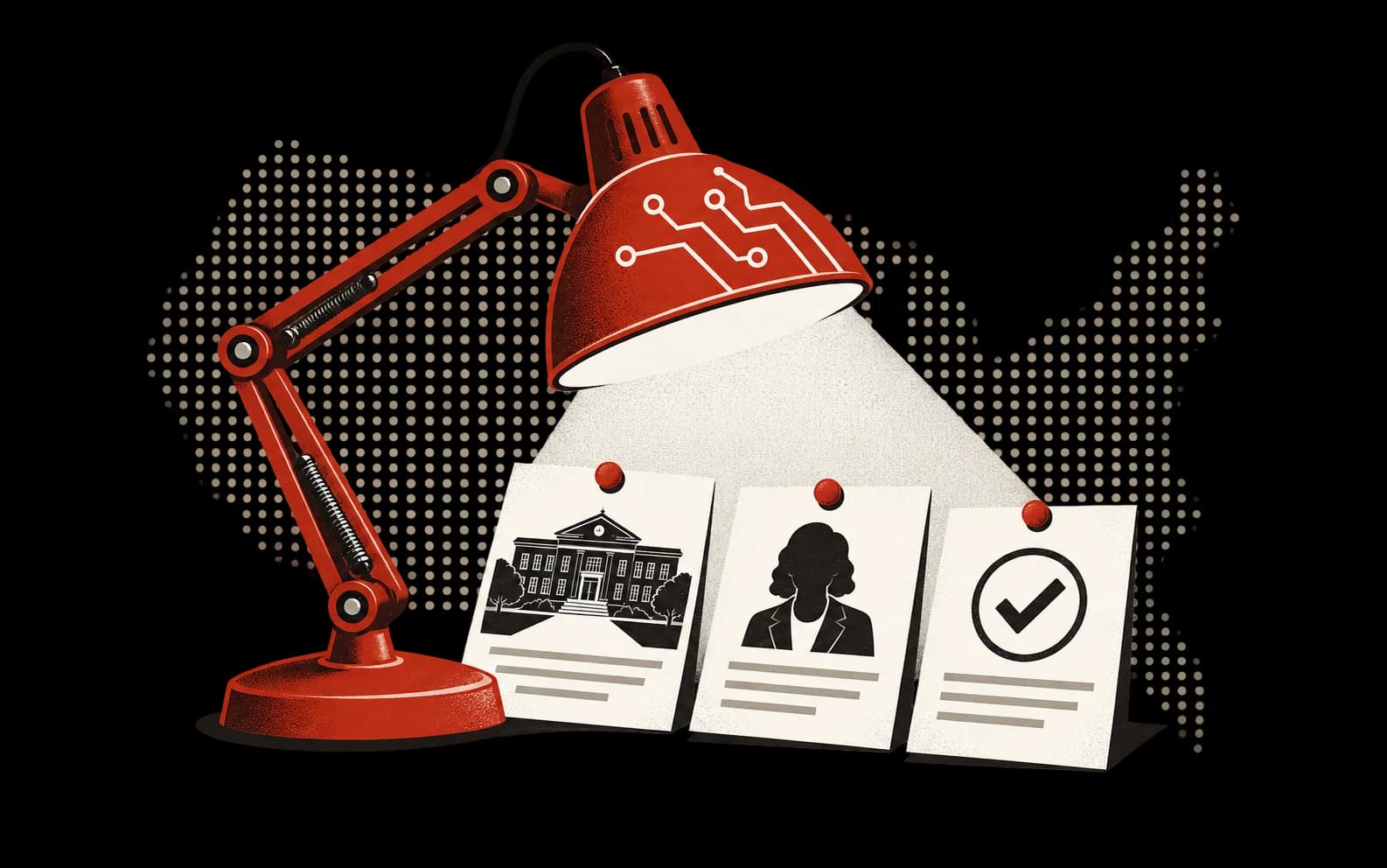 A red research lamp illuminating school, contact, and evidence cards.