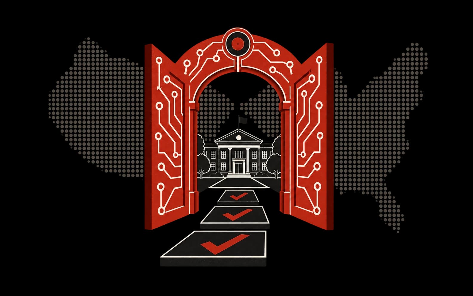 A red circuit-patterned gateway and checked steps leading to a school.