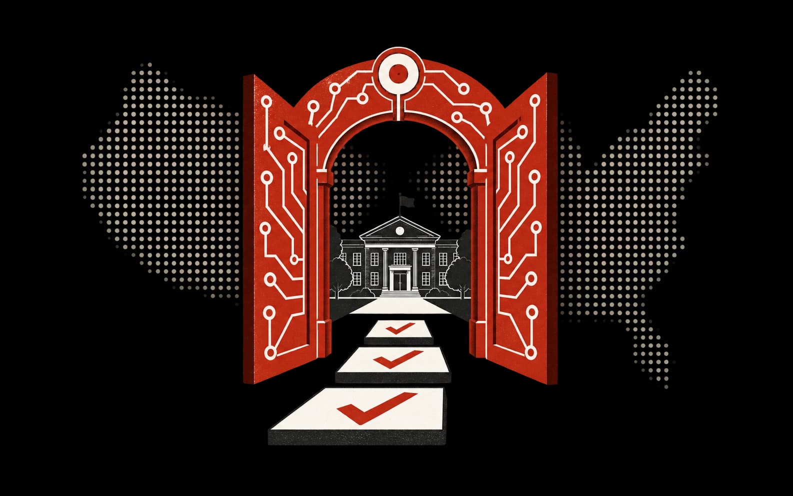 A red circuit-patterned gateway and checked steps leading to a school.