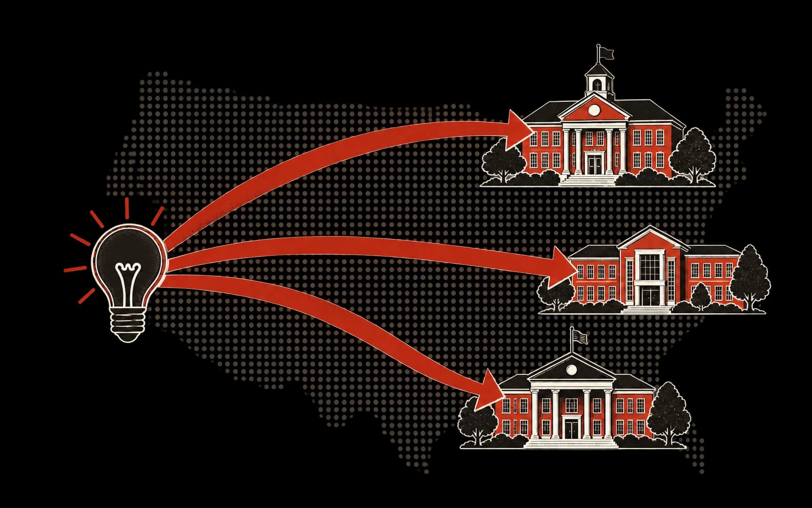 A red route carrying an idea to schools across a dotted map.