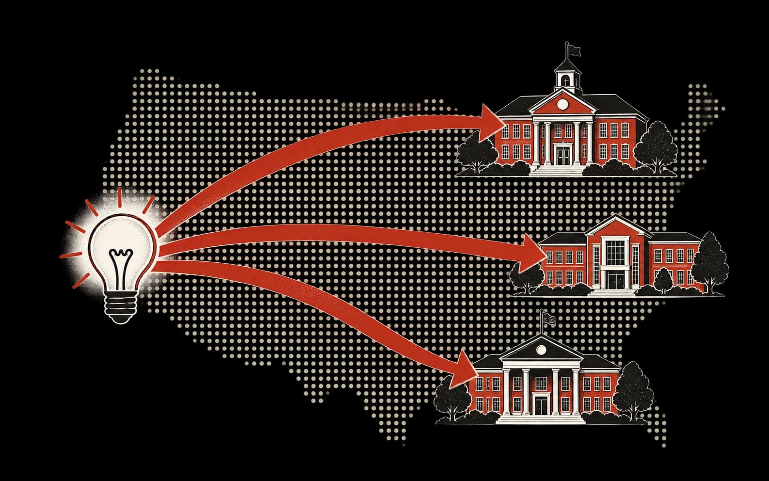 A red route carrying an idea to schools across a dotted map.