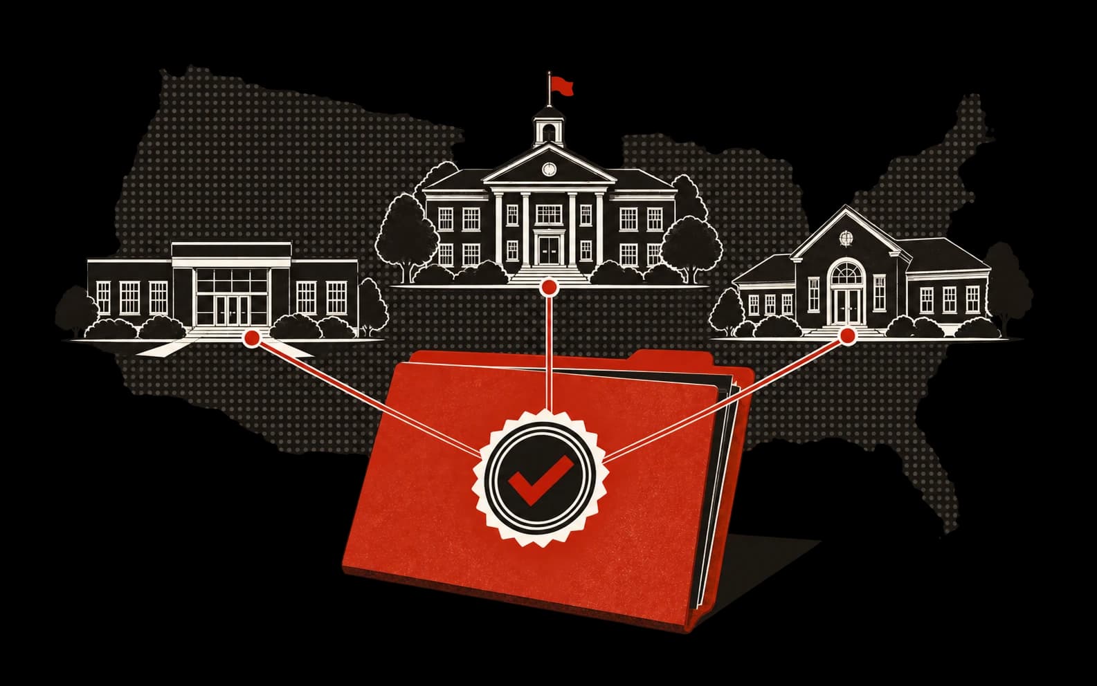Three schools connected to one red approved contract folder.