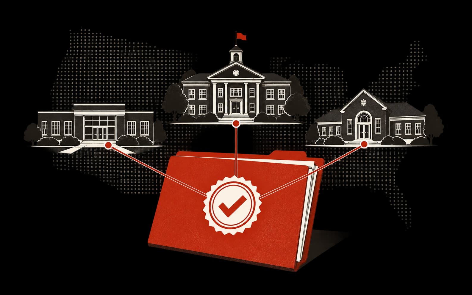 Three schools connected to one red approved contract folder.