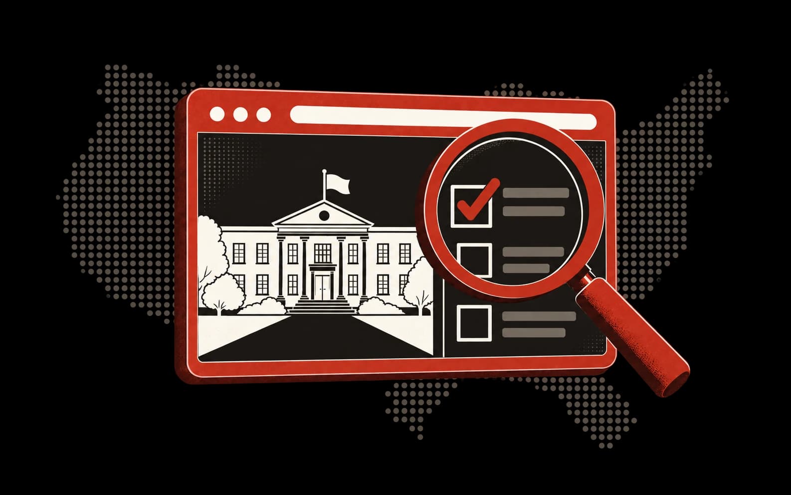 A red browser frame with a school, checklist, and magnifying glass.