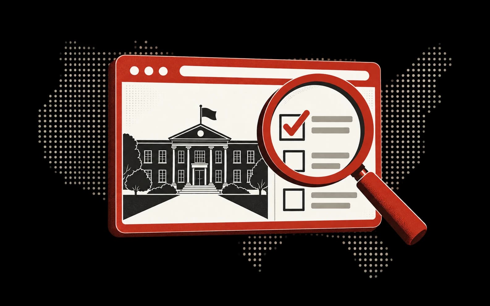 A red browser frame with a school, checklist, and magnifying glass.