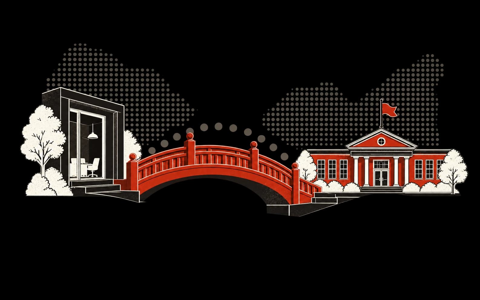 A red bridge connecting a vendor office to a school.