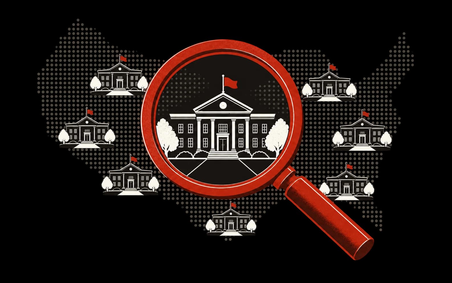 A red magnifying glass identifying one school among many.