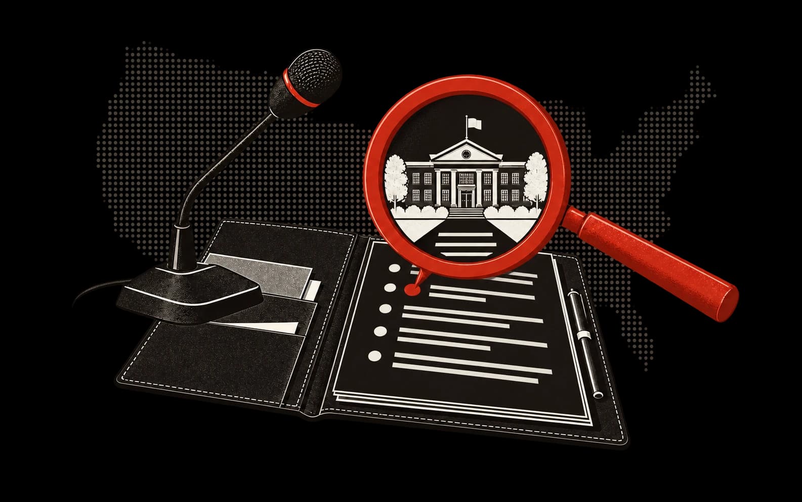 A boardroom microphone and magnifying glass revealing a school signal in an agenda.