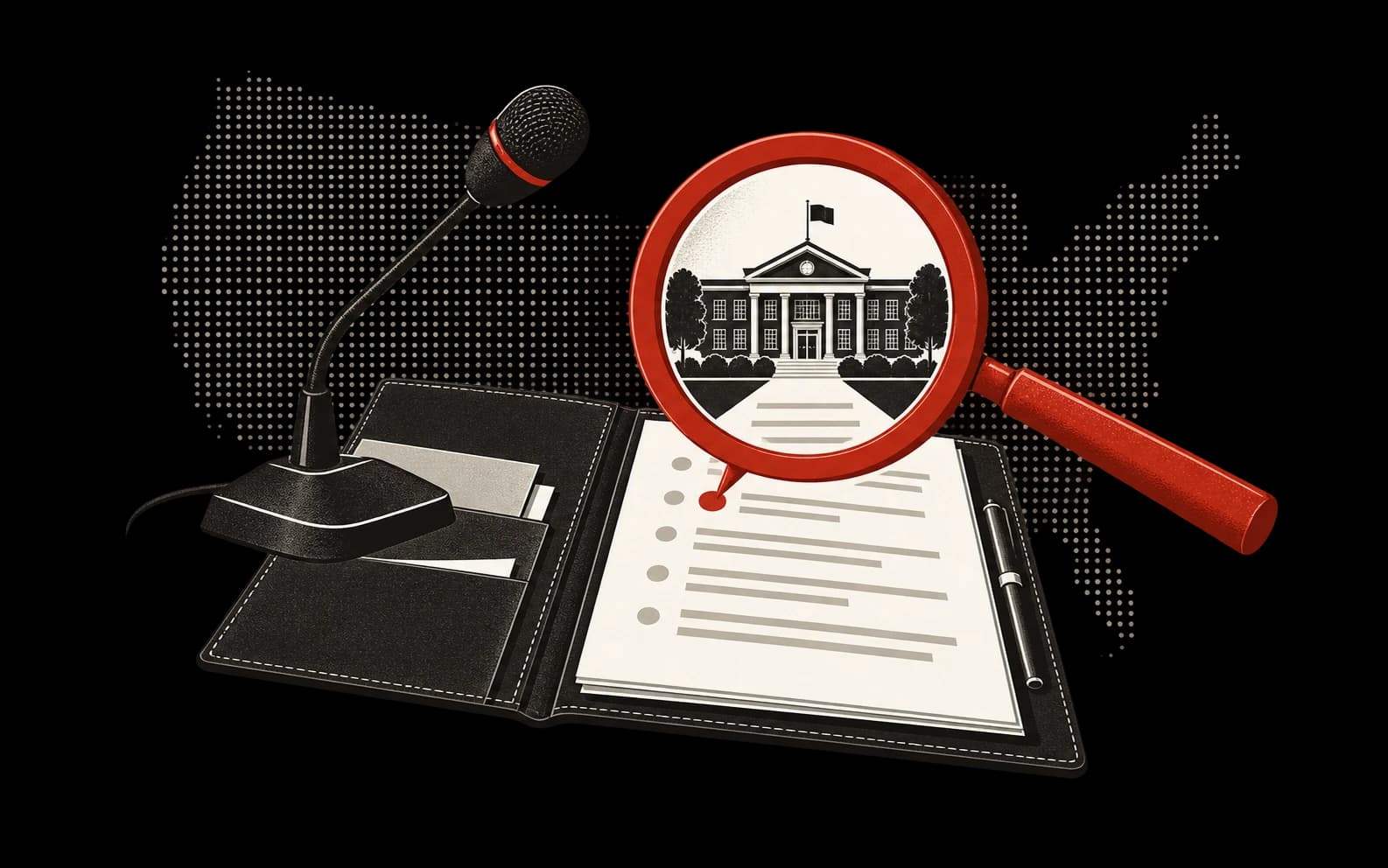 A boardroom microphone and magnifying glass revealing a school signal in an agenda.