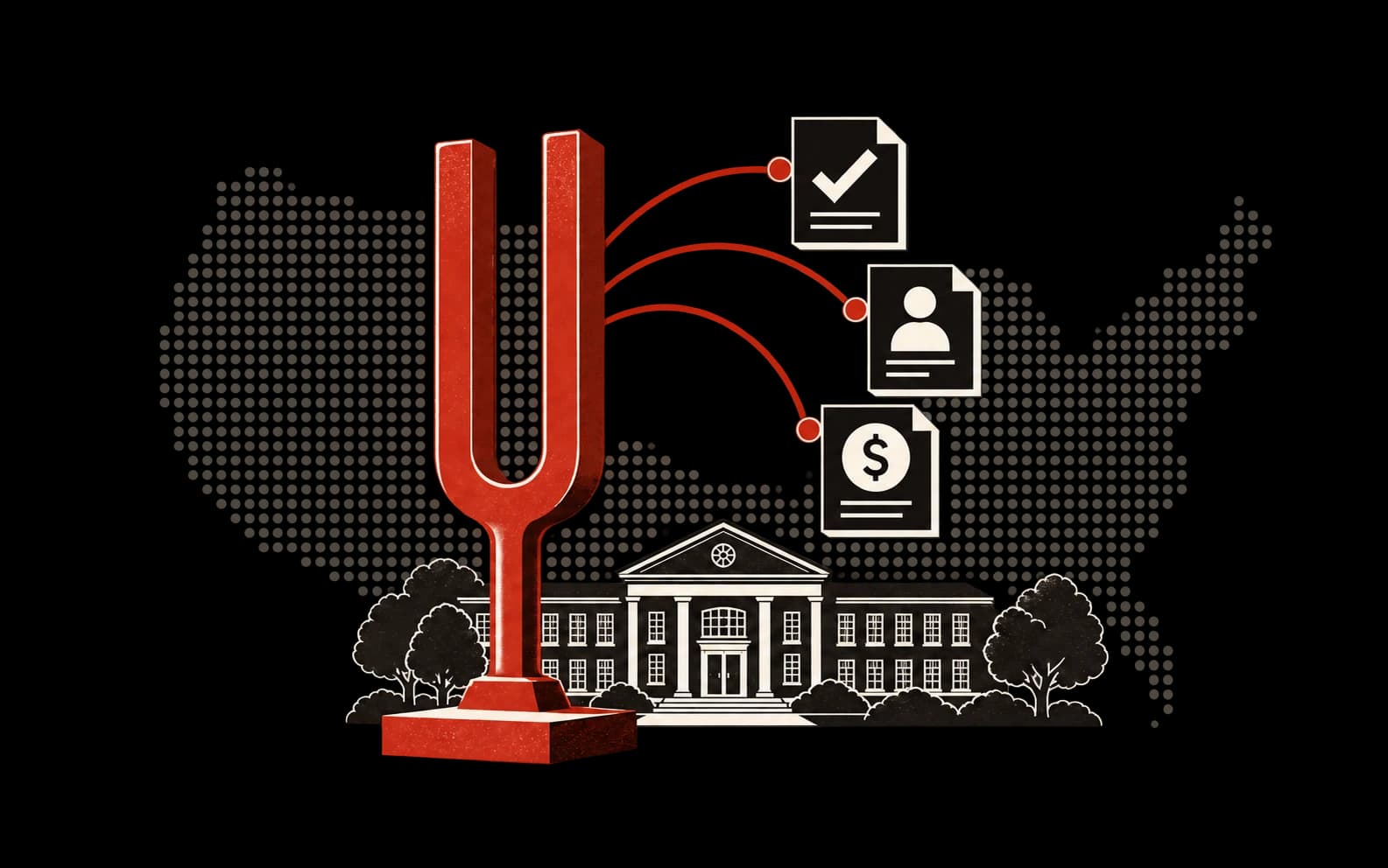 A red tuning fork detecting document, leadership, and funding signals from a school.