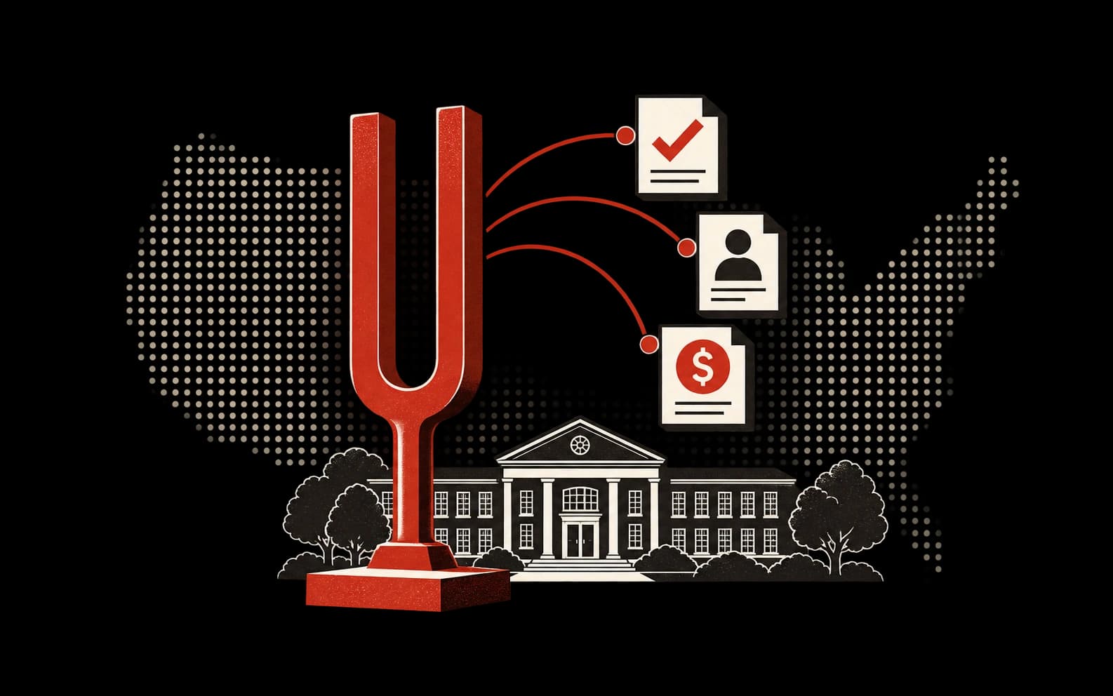 A red tuning fork detecting document, leadership, and funding signals from a school.