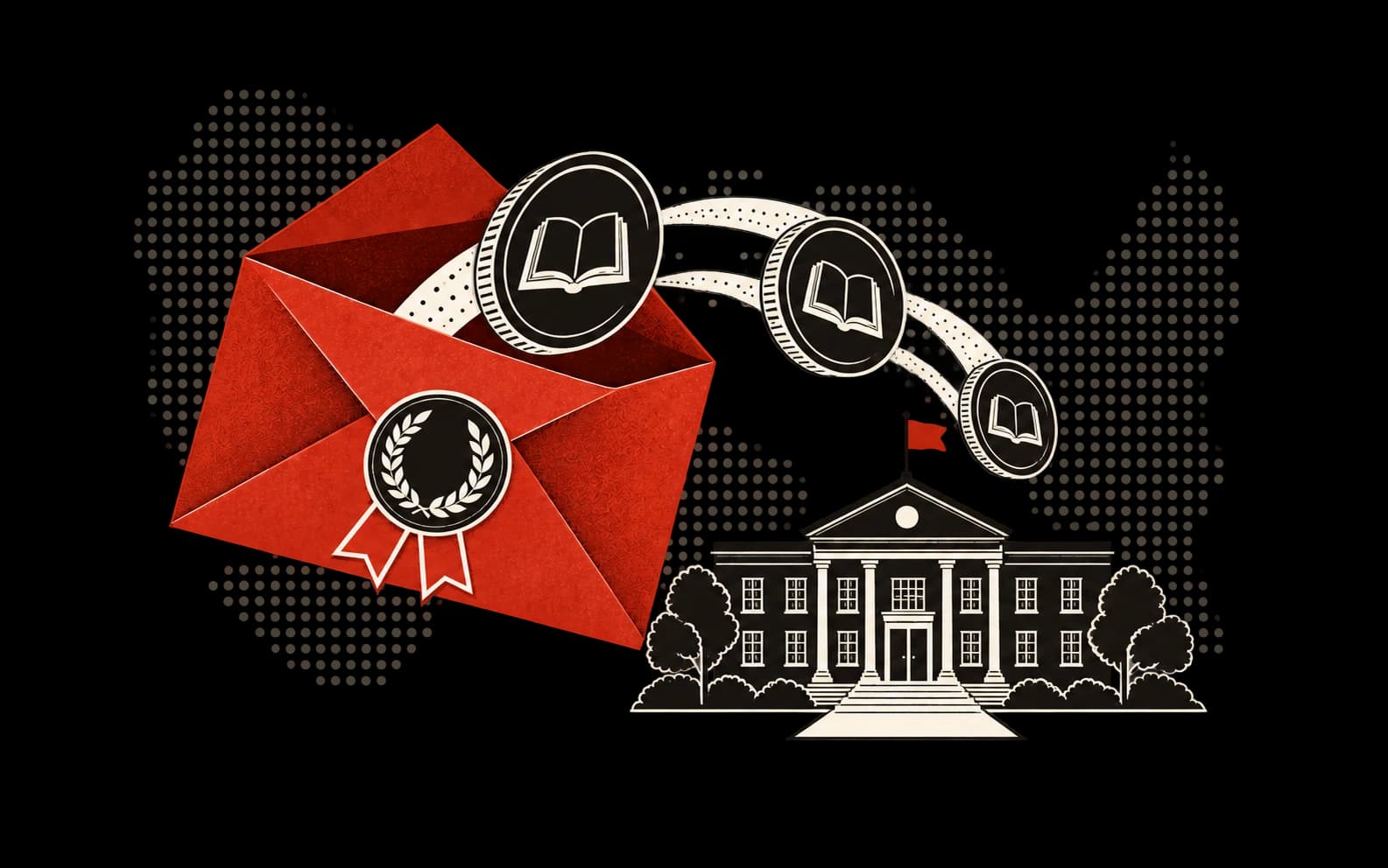 A red grant envelope delivering funding to a school and open book.