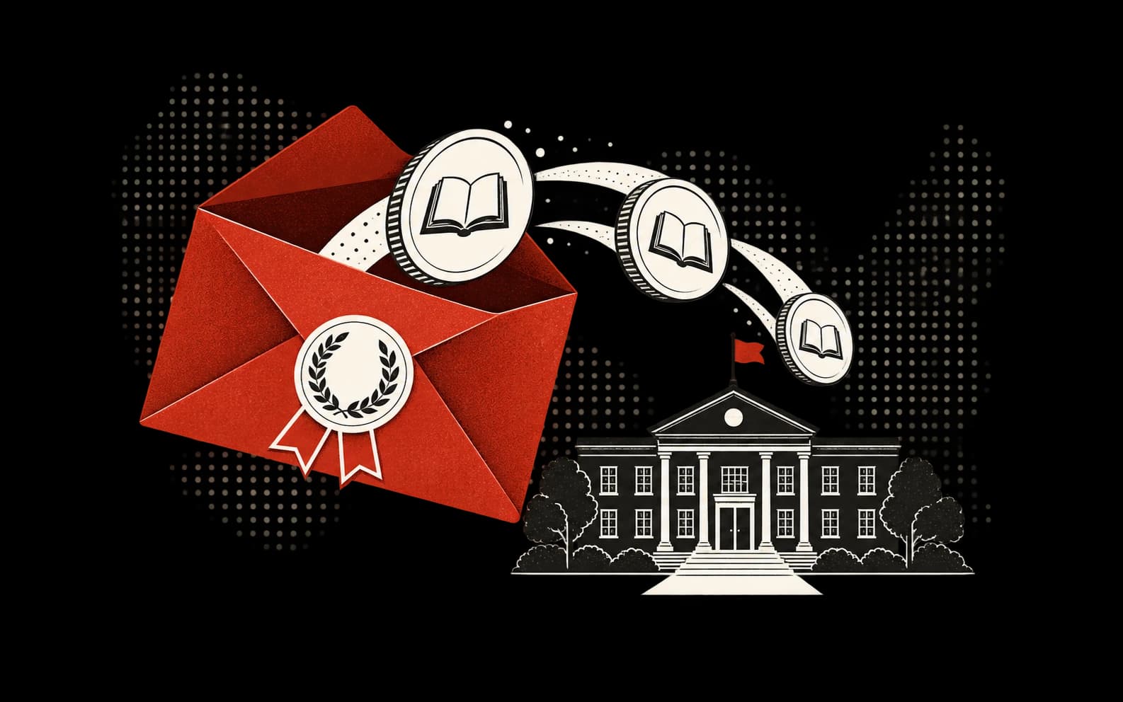 A red grant envelope delivering funding to a school and open book.