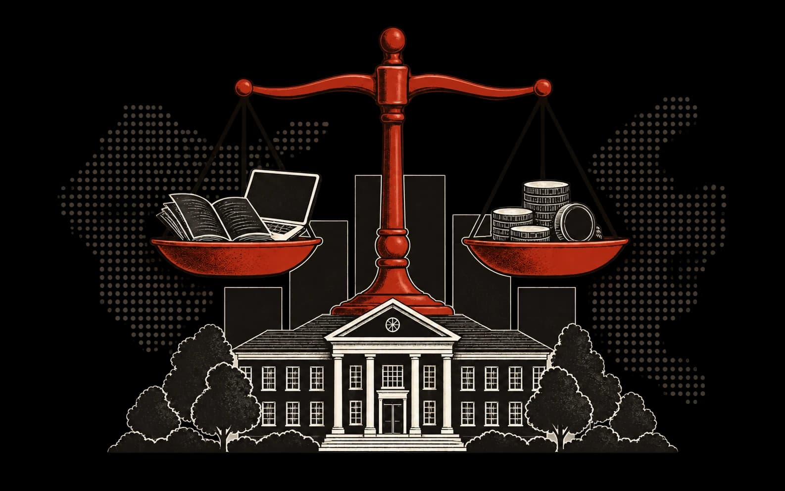 A red balance scale weighing educational tools and funding above a school.