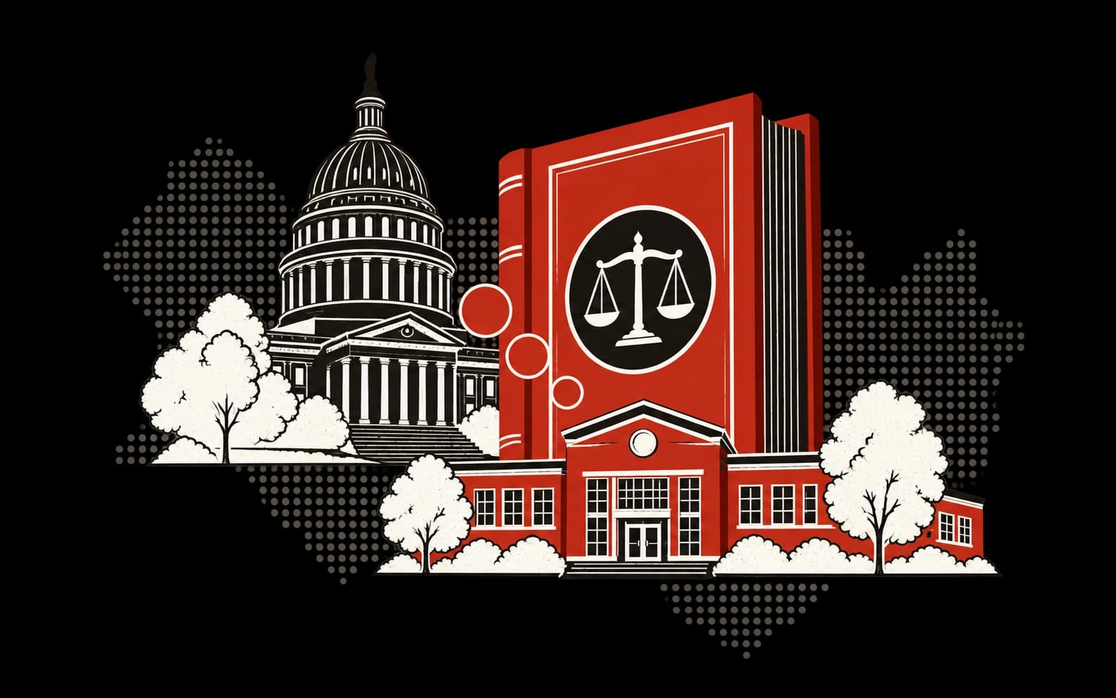 A red statute book connecting a state capitol to a school.