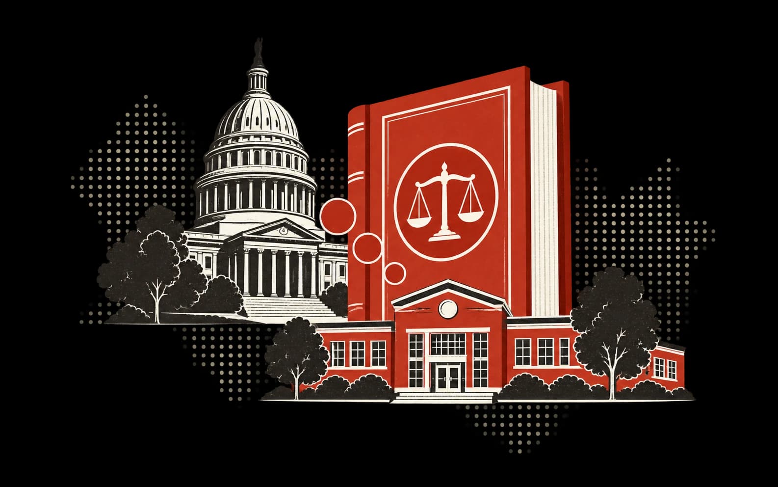 A red statute book connecting a state capitol to a school.