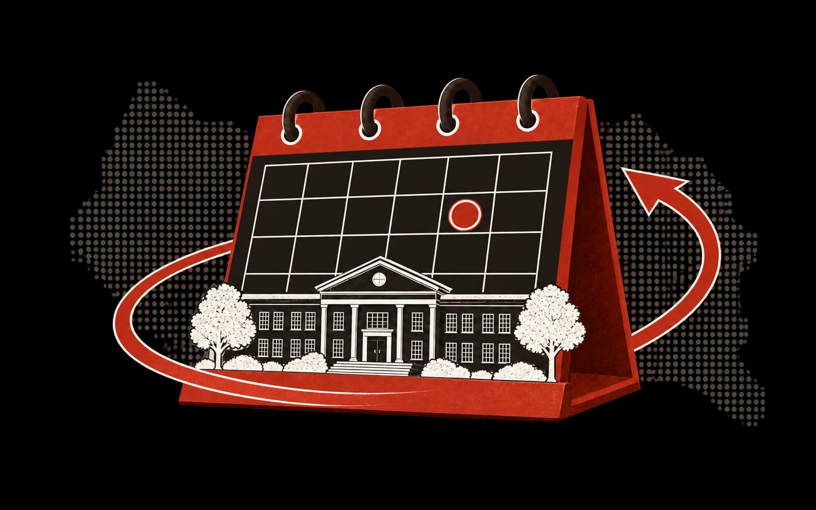 A red calendar and school illustrating the annual procurement cycle.