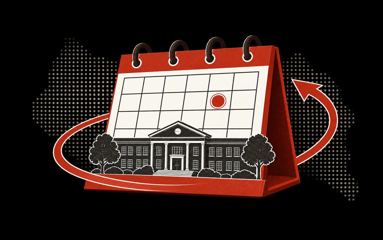 A red calendar and school illustrating the annual procurement cycle.