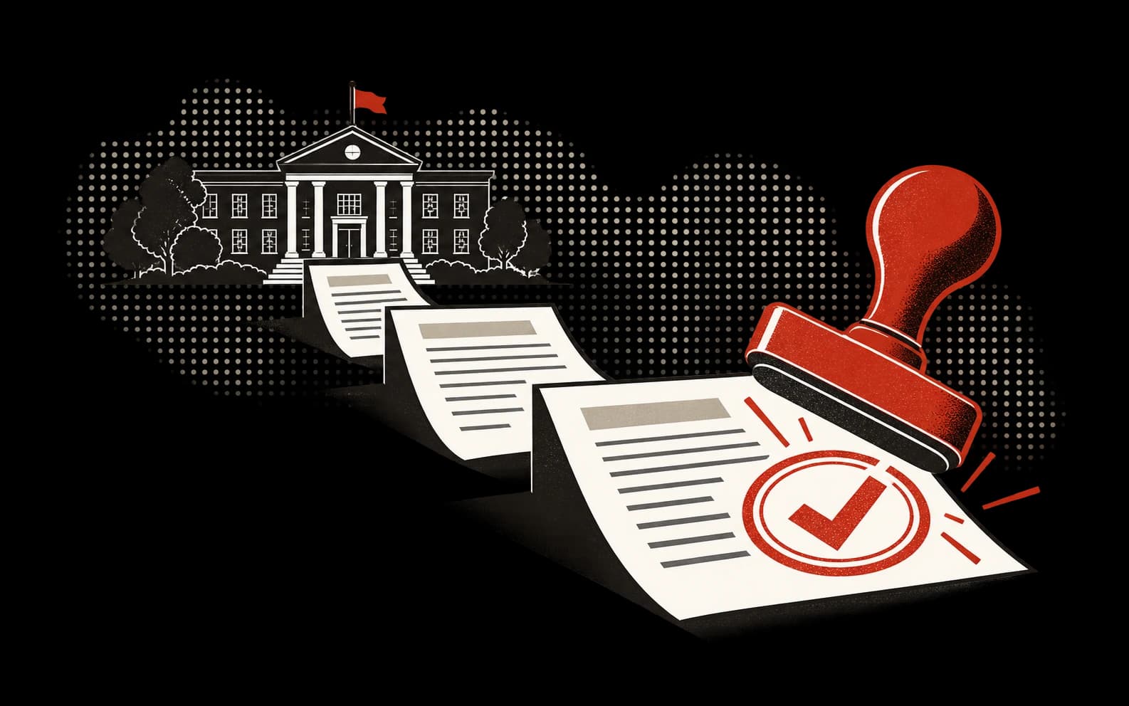 Proposal documents leading from a school to a red approval stamp.
