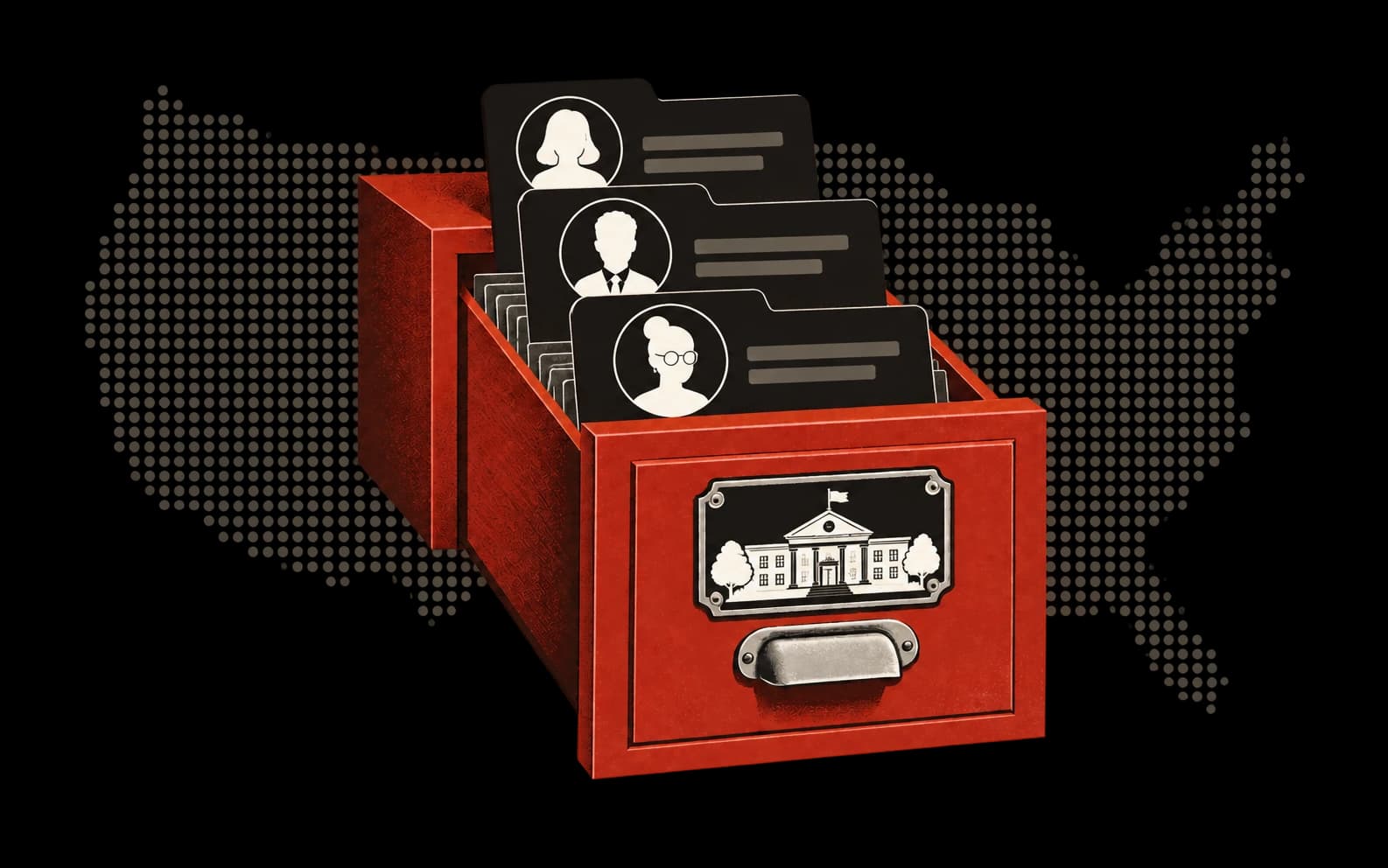 A red card-catalog drawer holding school district contact cards.