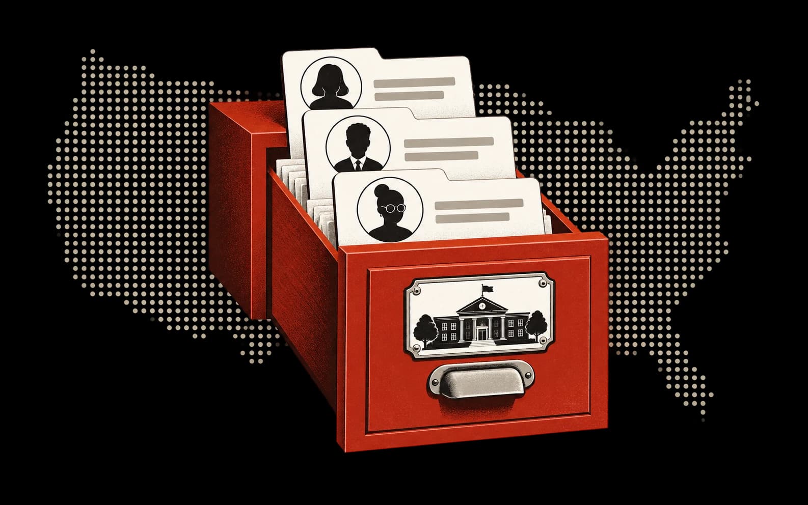 A red card-catalog drawer holding school district contact cards.