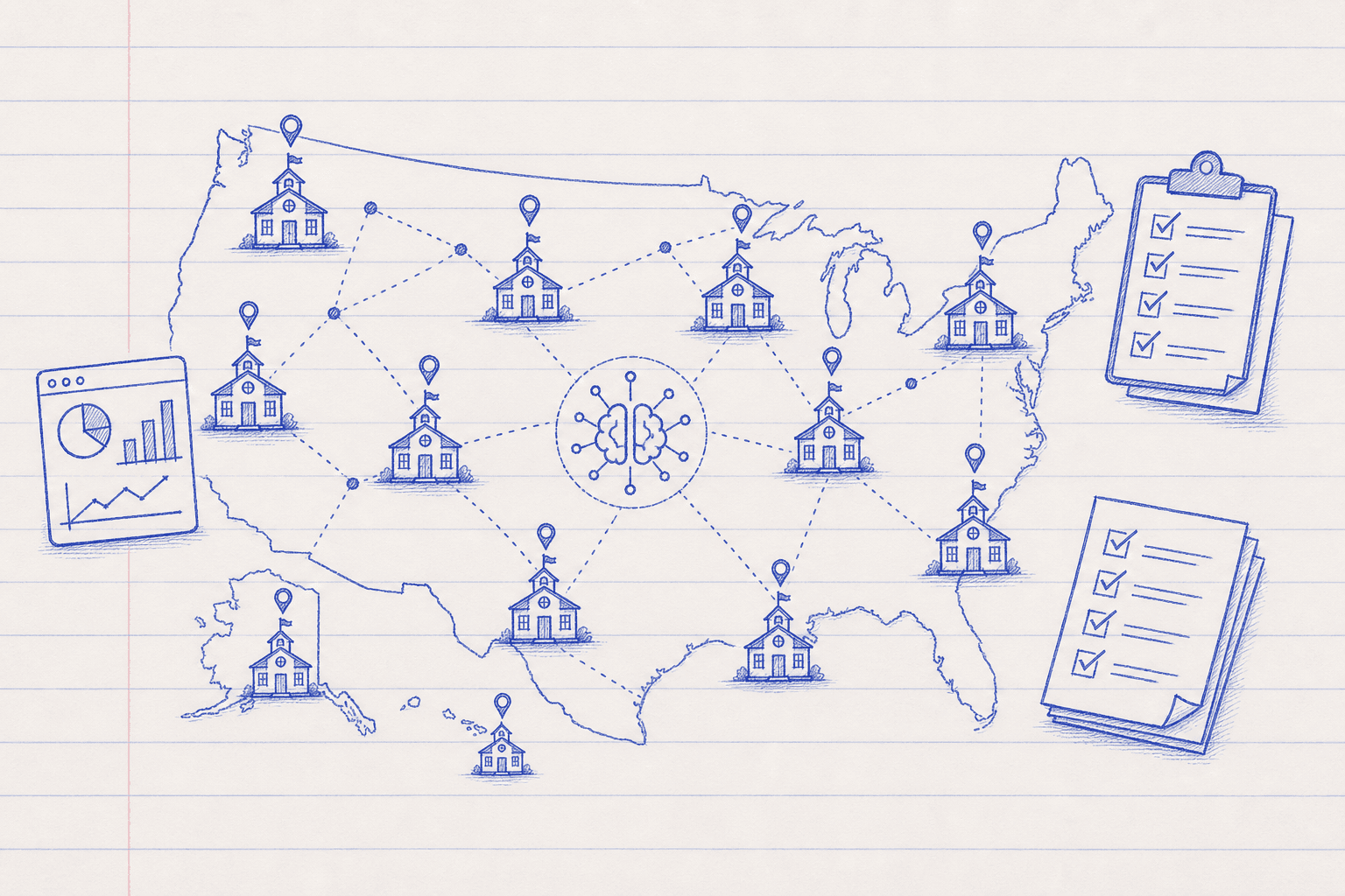 Blue pen sketch on notebook paper showing a U.S. map with schoolhouse pins, AI signal nodes, and policy checklists.